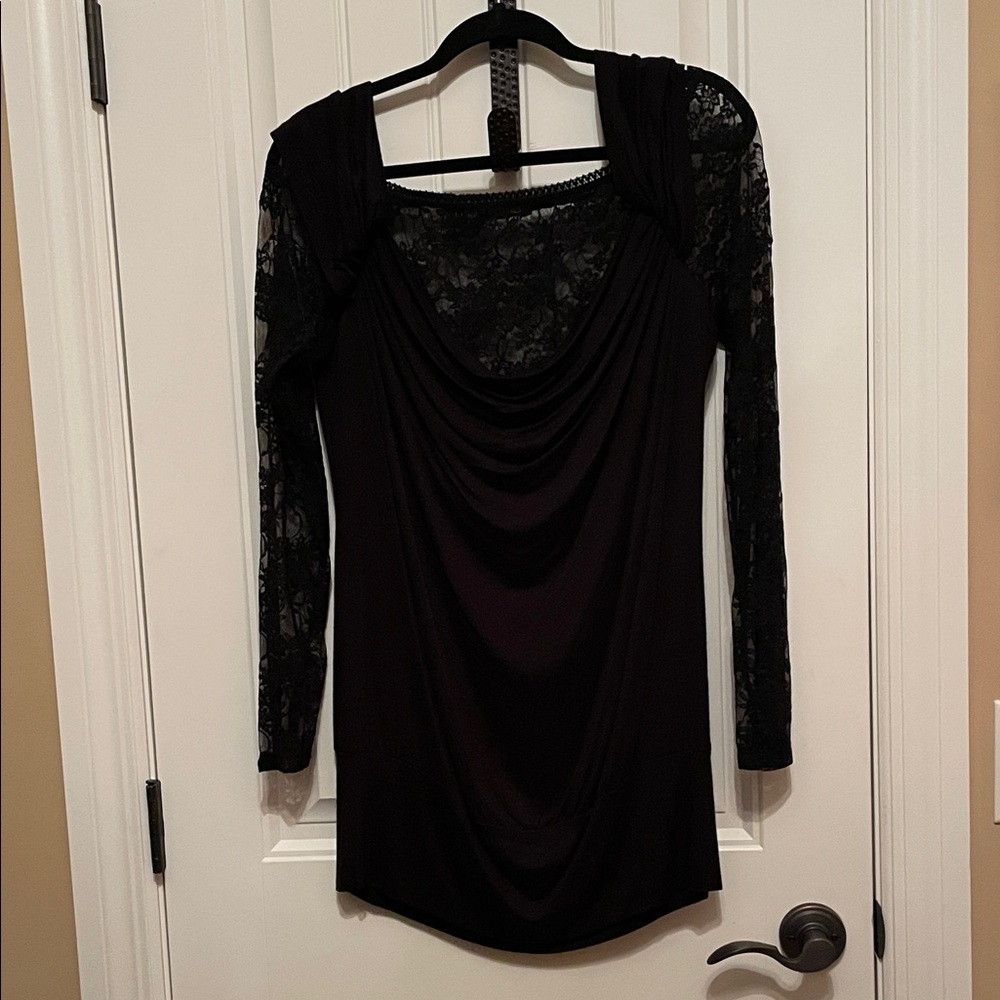 XL eVogues Elegant Top•Black Lace covers long-sleeves & bodice•draped neckline